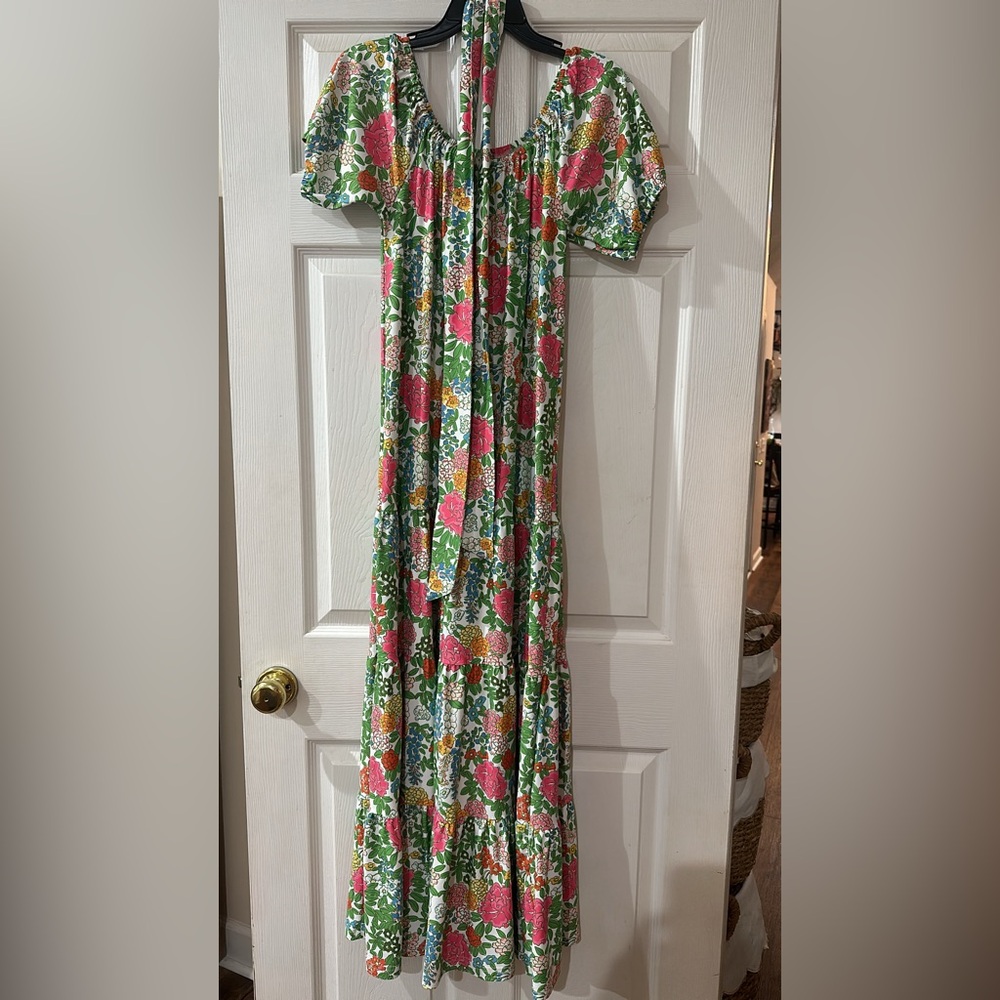 Floral Green Maxi Dress with Pink Blooms